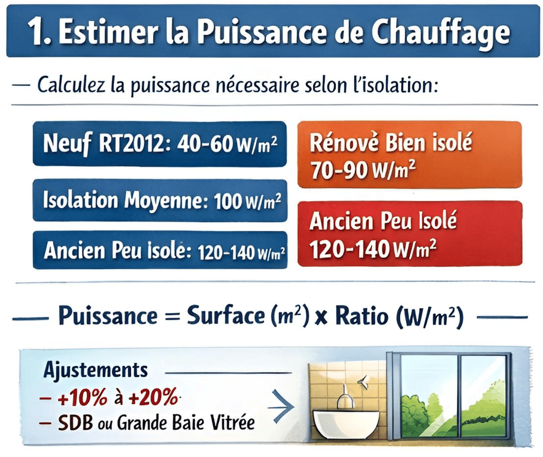 Calcul de puissance chauffage selon isolation : 40-60, 70-90, 100, 120-140 W/m² + formule surface x ratio.