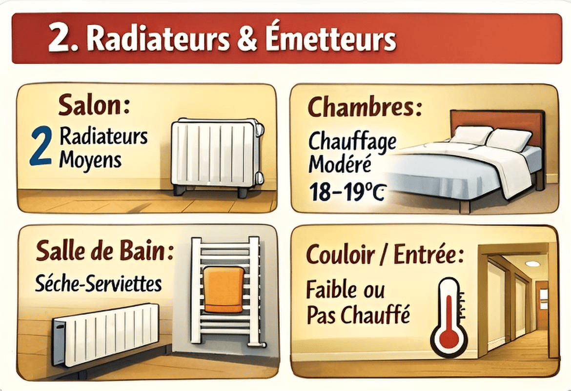 Répartition radiateurs : salon 2 radiateurs moyens, chambres 18-19°C, salle de bain sèche-serviettes, couloir faible.