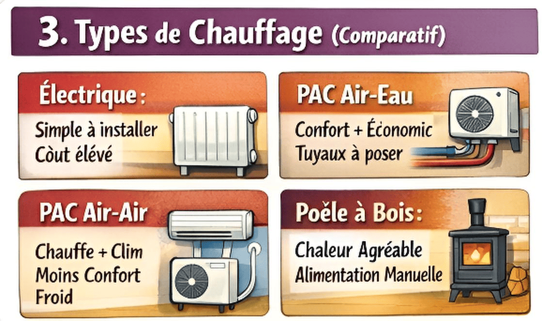 Comparatif chauffage : électrique, PAC air-eau, PAC air-air, poêle à bois (avantages/inconvénients).