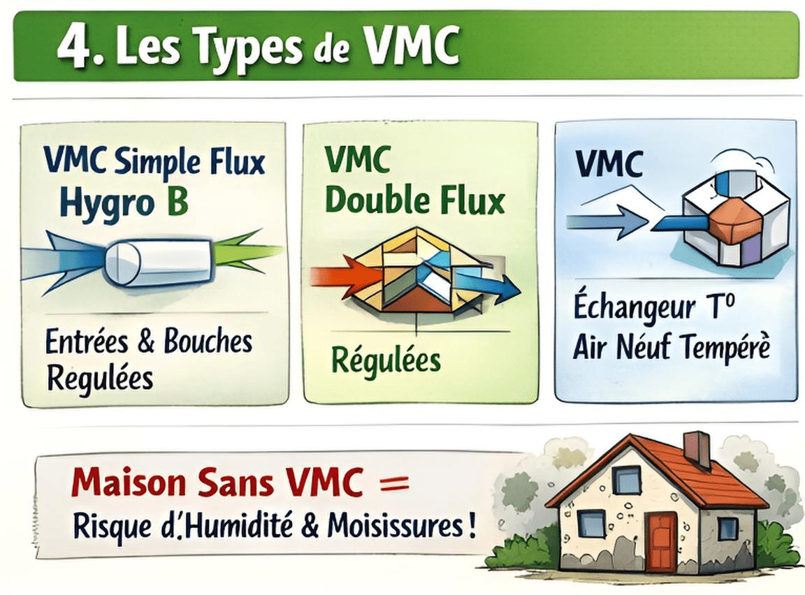 Types de VMC : simple flux Hygro B, double flux avec échangeur (air neuf tempéré) + risque humidité sans VMC.