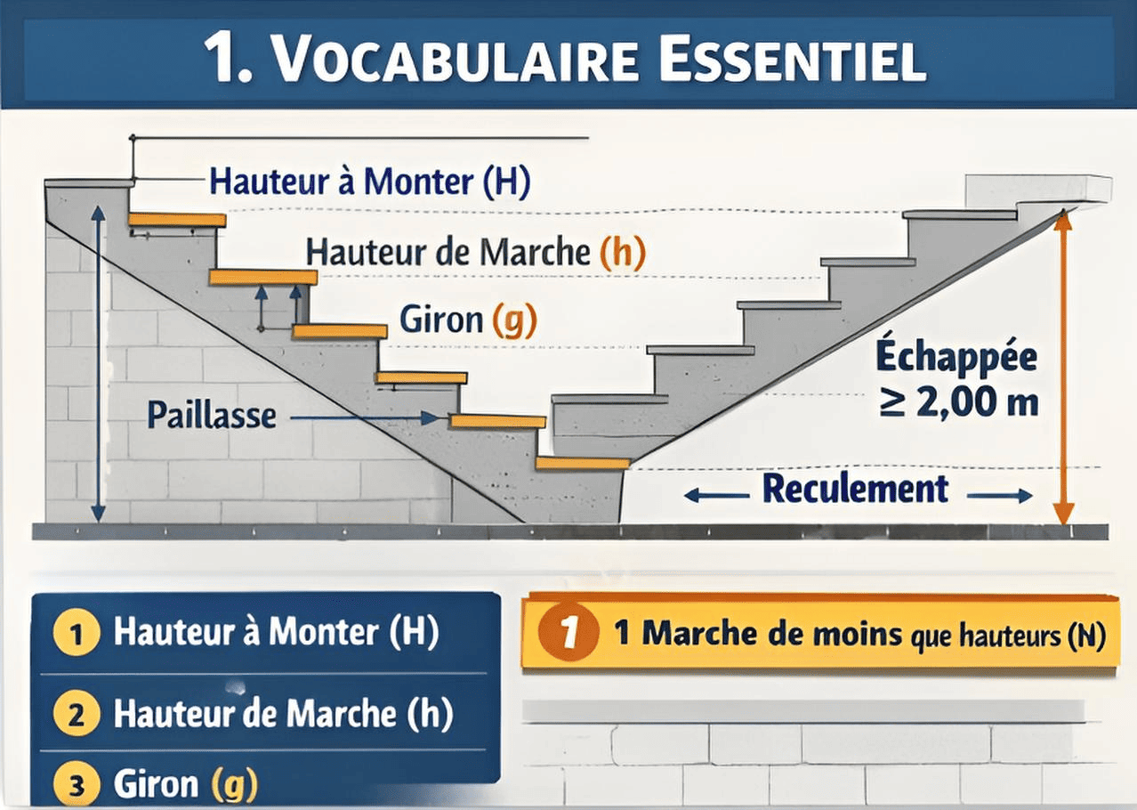 Schéma vocabulaire escalier : H, h, giron g, paillasse, reculement et échappée