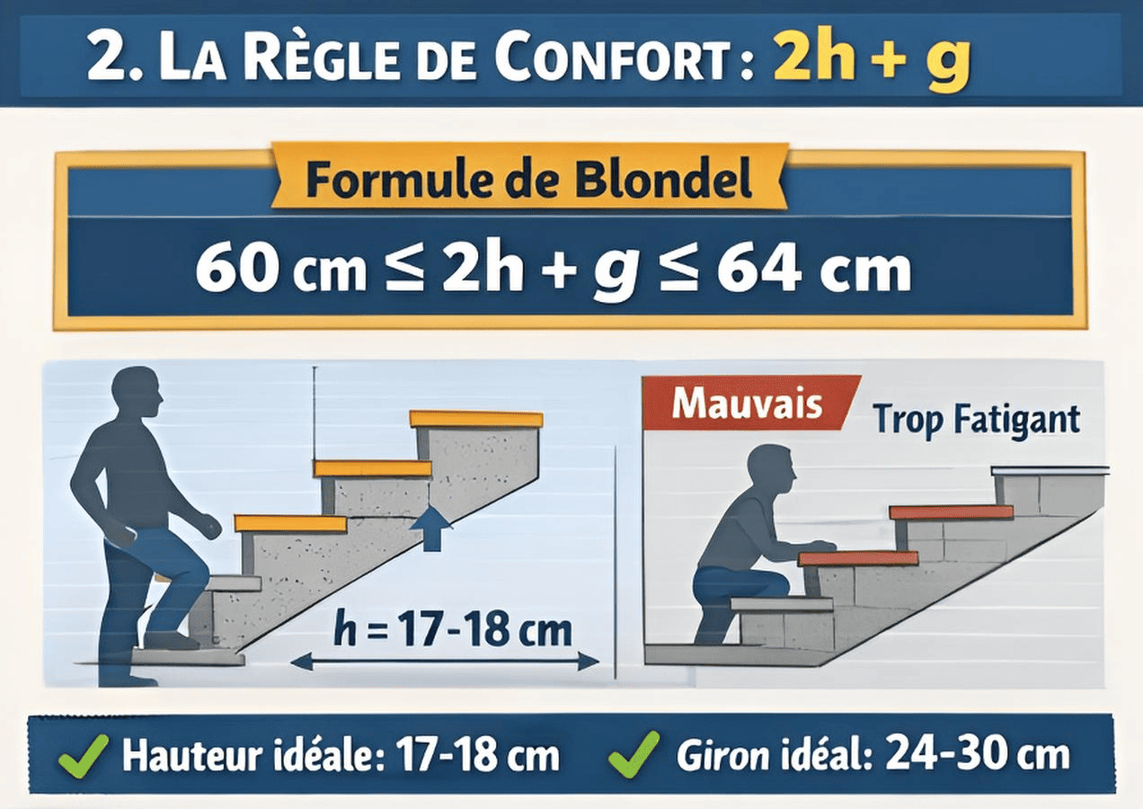 Formule de Blondel : 60 à 64 cm, hauteur idéale 17-18 cm, giron 24-30 cm