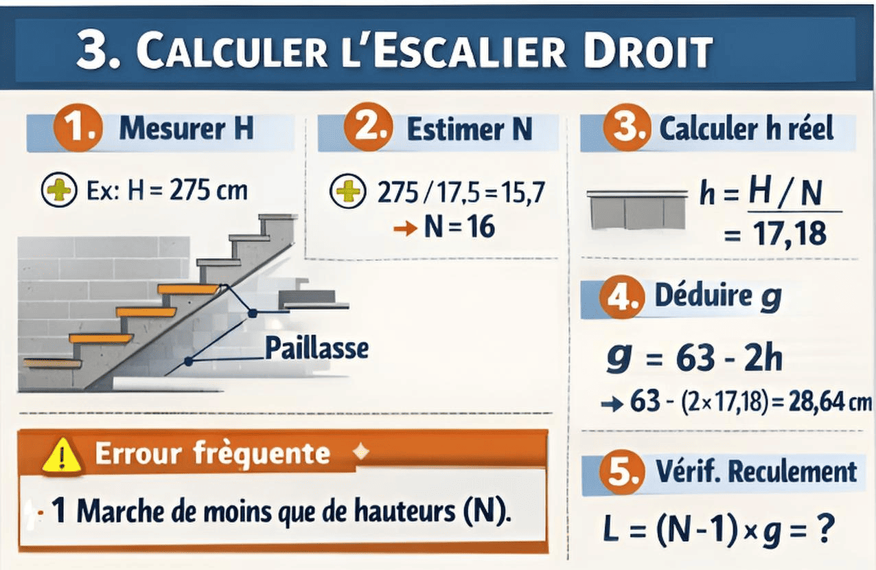 Méthode calcul escalier droit : mesurer H, estimer N, calculer h, déduire g, vérifier reculement