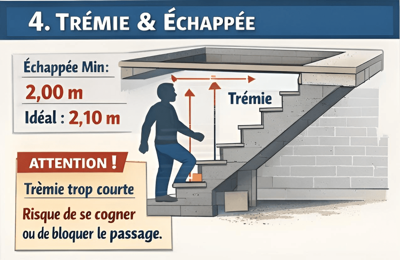 Schéma trémie et échappée : échappée min 2,00 m idéal 2,10 m, risque trémie trop courte