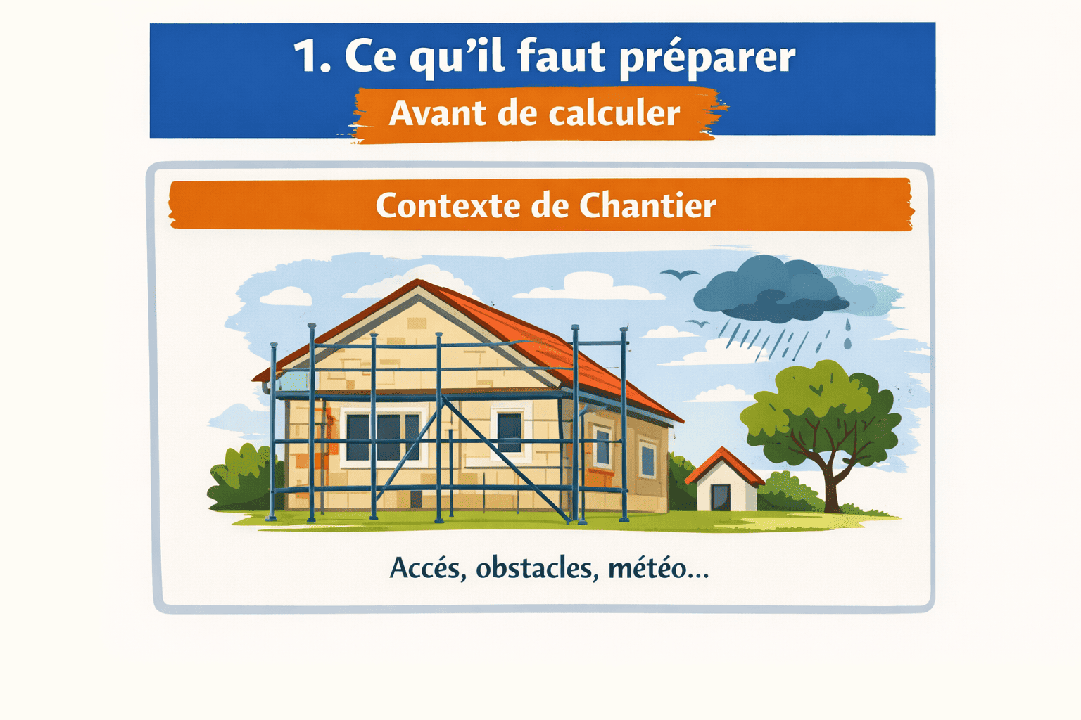 Façade : contexte chantier (échafaudage, accès, obstacles, météo pluie/vent) — illustration