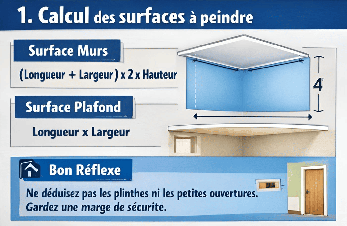 Calcul surface murs et plafond pour peinture : (L+l)×2×H et L×l