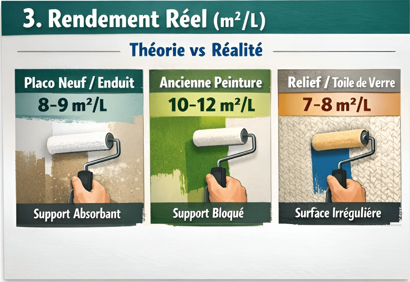 Rendement peinture réel selon support : placo neuf 8-9, ancien 10-12, toile de verre 7-8 m2/L