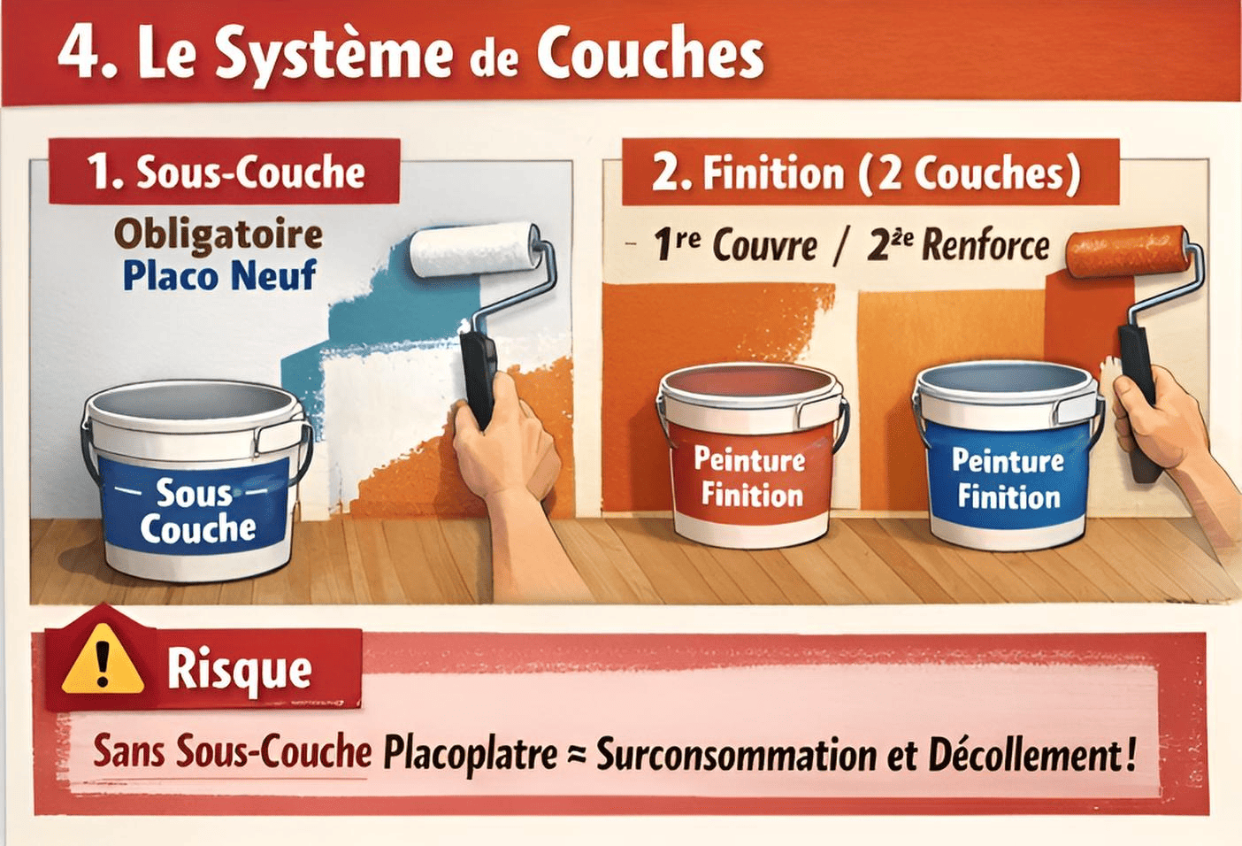 Système peinture : sous-couche obligatoire sur placo neuf puis 2 couches de finition