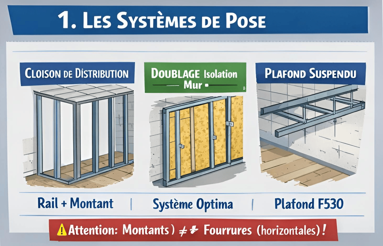 Systèmes de pose placo : cloison rail + montant, doublage isolant Optima, plafond suspendu F530