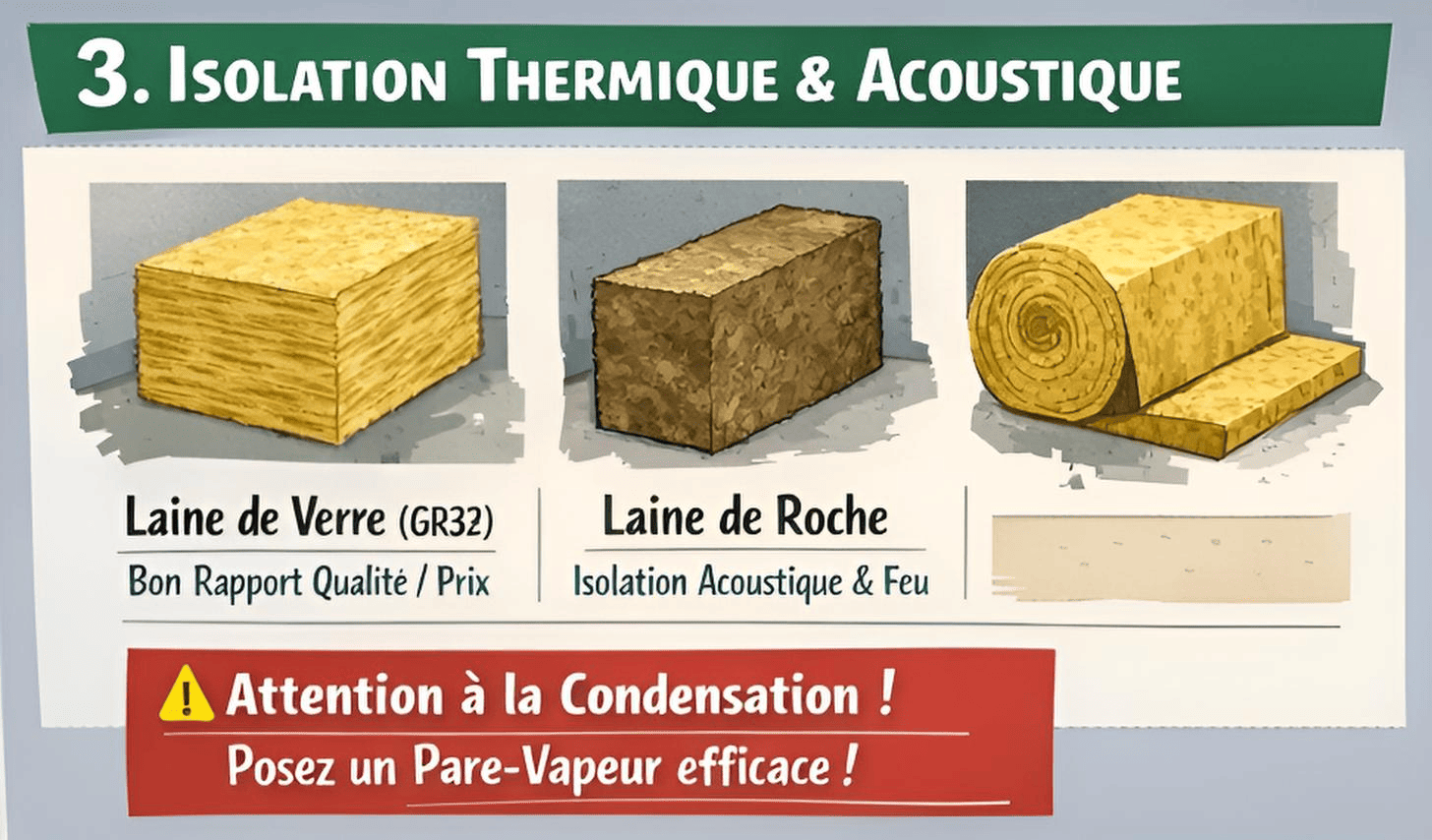 Isolation placo : laine de verre GR32, laine de roche, rouleaux/panneaux + attention condensation