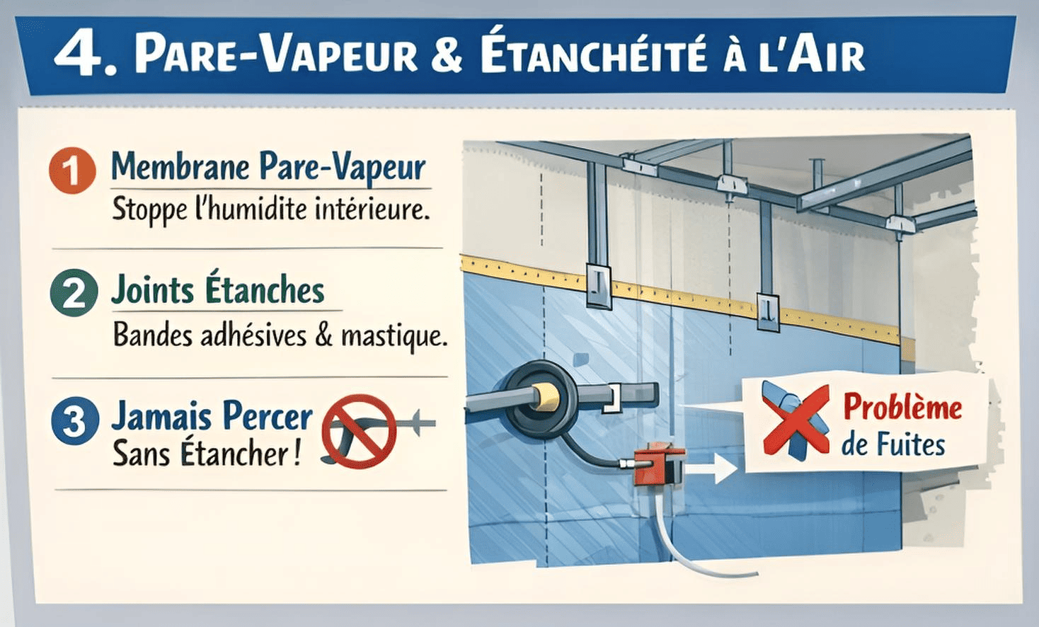 Pare-vapeur et étanchéité à l'air : membrane, joints étanches, ne jamais percer sans étancher