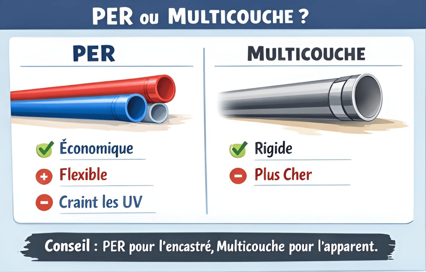 Distribution plomberie : pieuvre (pas de raccords cachés) vs repiquage (raccords en série, risque de fuites).