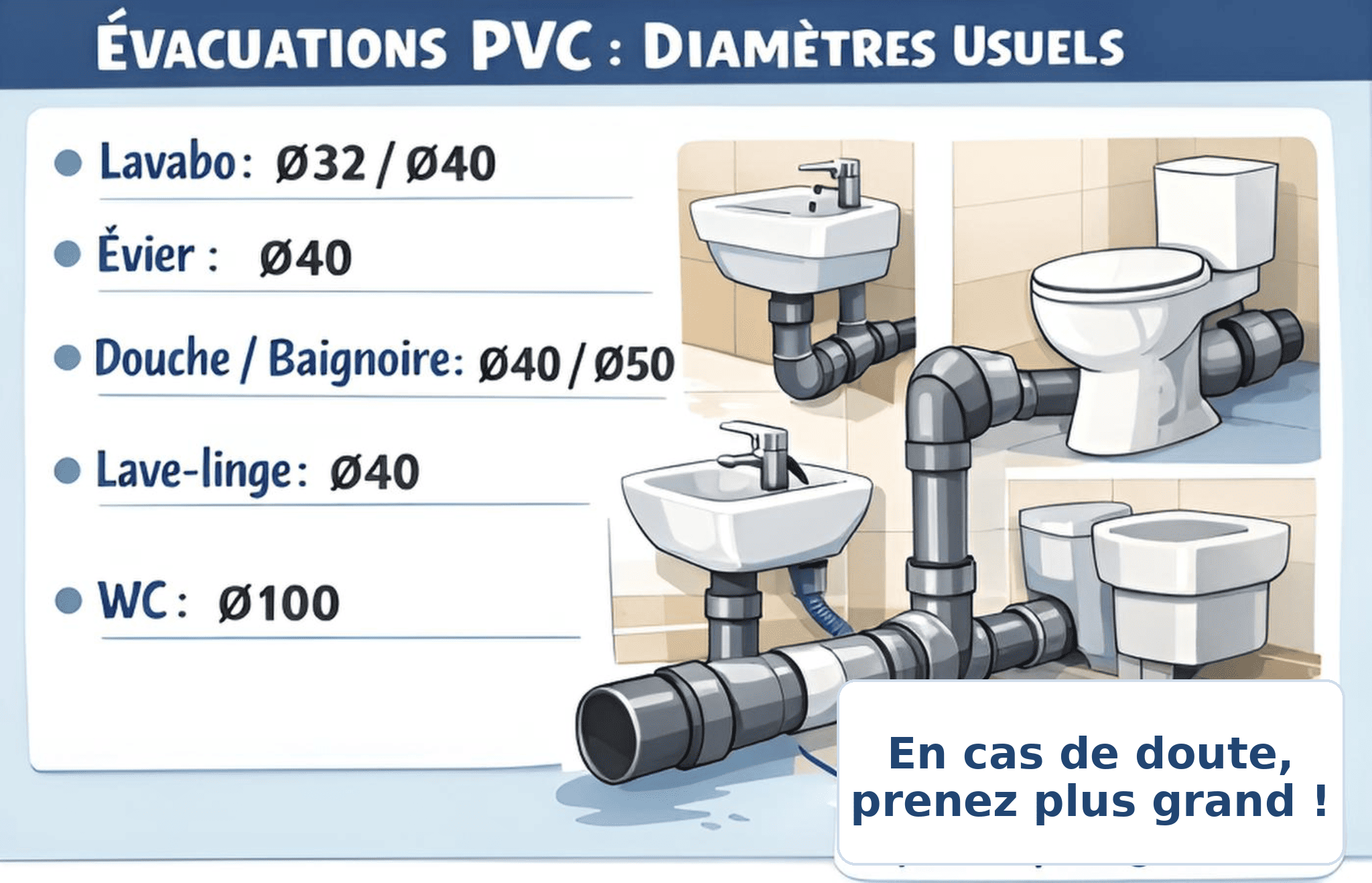 Évacuations PVC : diamètres usuels Ø32/Ø40/Ø50/Ø100 selon lavabo, évier, douche, lave-linge, WC.