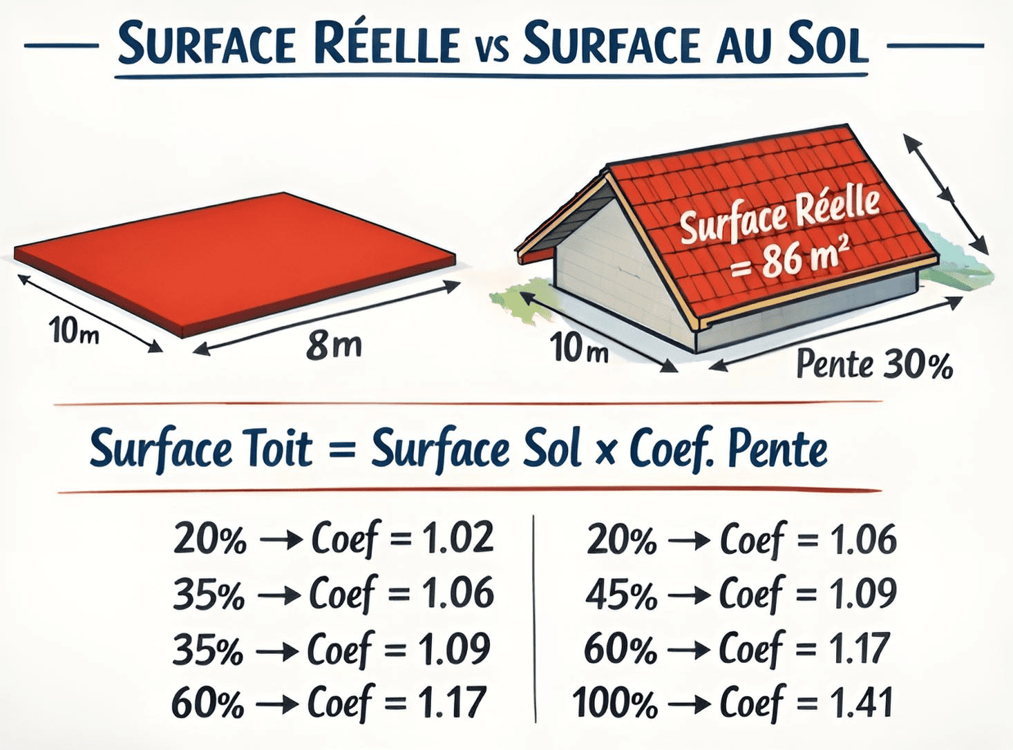 Schéma surface réelle vs surface au sol : coefficient de pente et exemple de toiture