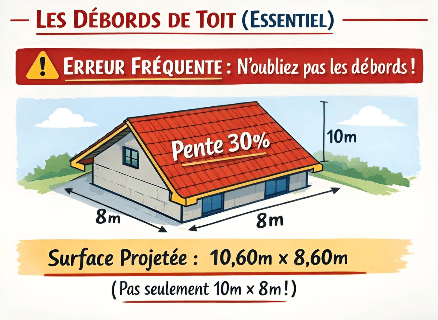 Schéma des débords de toit : surface projetée corrigée avec débords