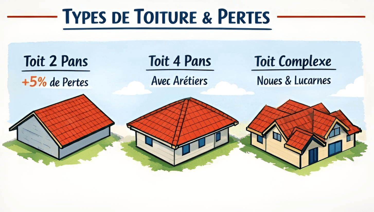Types de toiture : 2 pans, 4 pans, toiture complexe et pourcentages de pertes