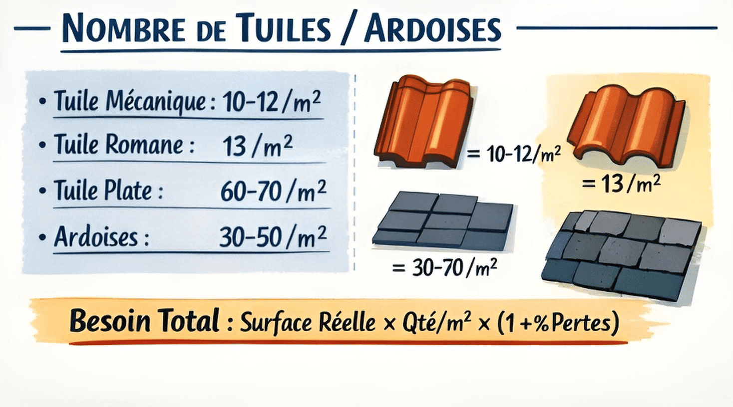 Tableau quantité tuiles et ardoises par m² + formule besoin total