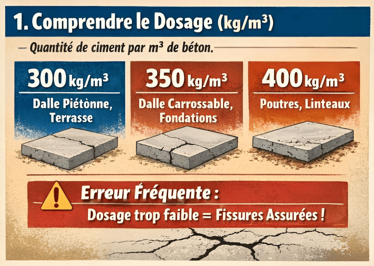 Dosage béton 300 350 400 kg/m³ : usages dalle piétonne, dalle carrossable, poutres et linteaux