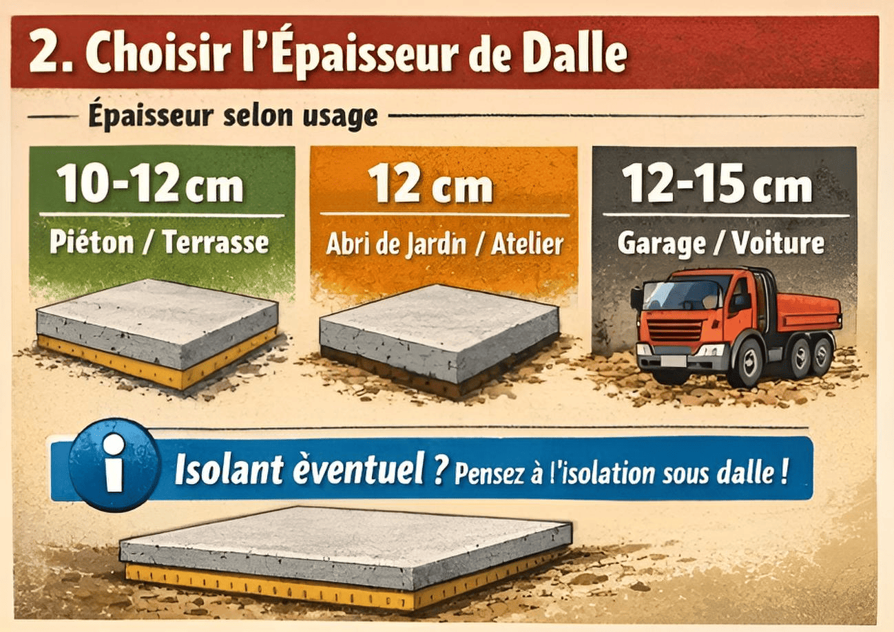 Choisir l’épaisseur de dalle béton : 10-12 cm terrasse, 12 cm abri/atelier, 12-15 cm garage voiture