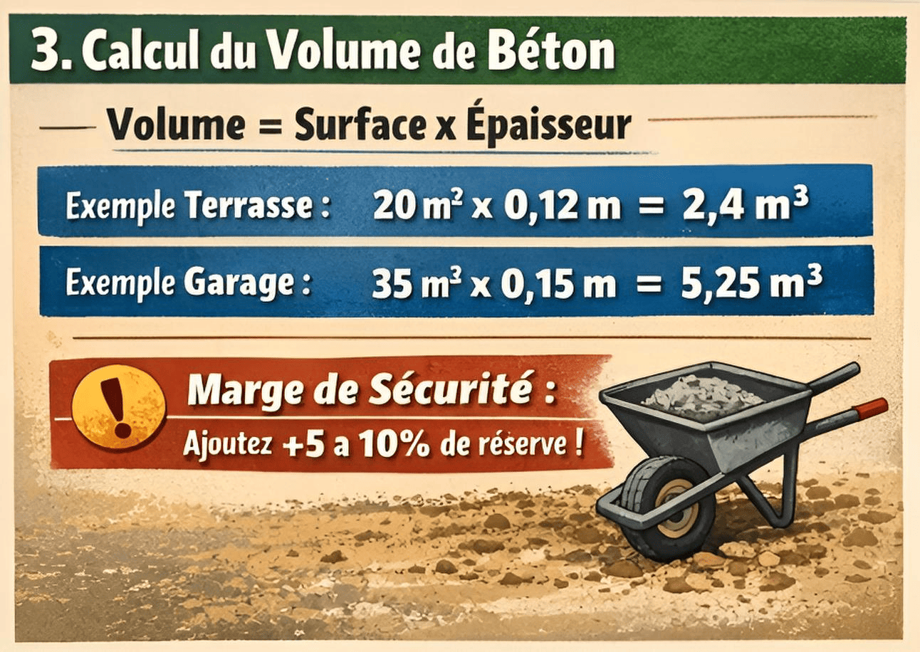 Calcul volume béton dalle : volume = surface x épaisseur, exemples 20 m² x 0,12 m et 35 m² x 0,15 m, marge 5 à 10%