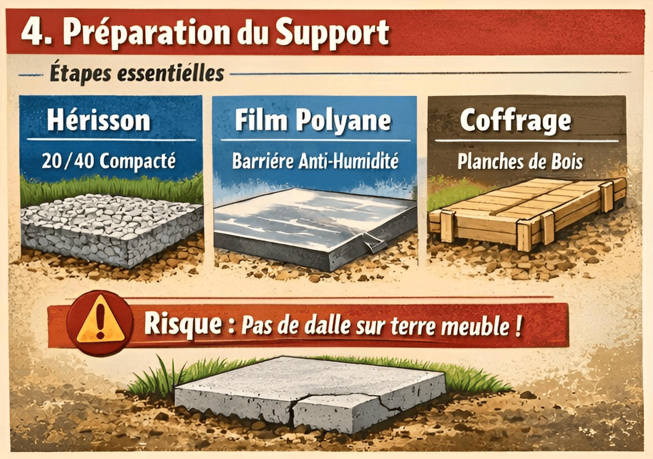 Préparation support dalle béton : hérisson 20/40 compacté, film polyane anti-humidité, coffrage en planches, risque de dalle sur terre meuble