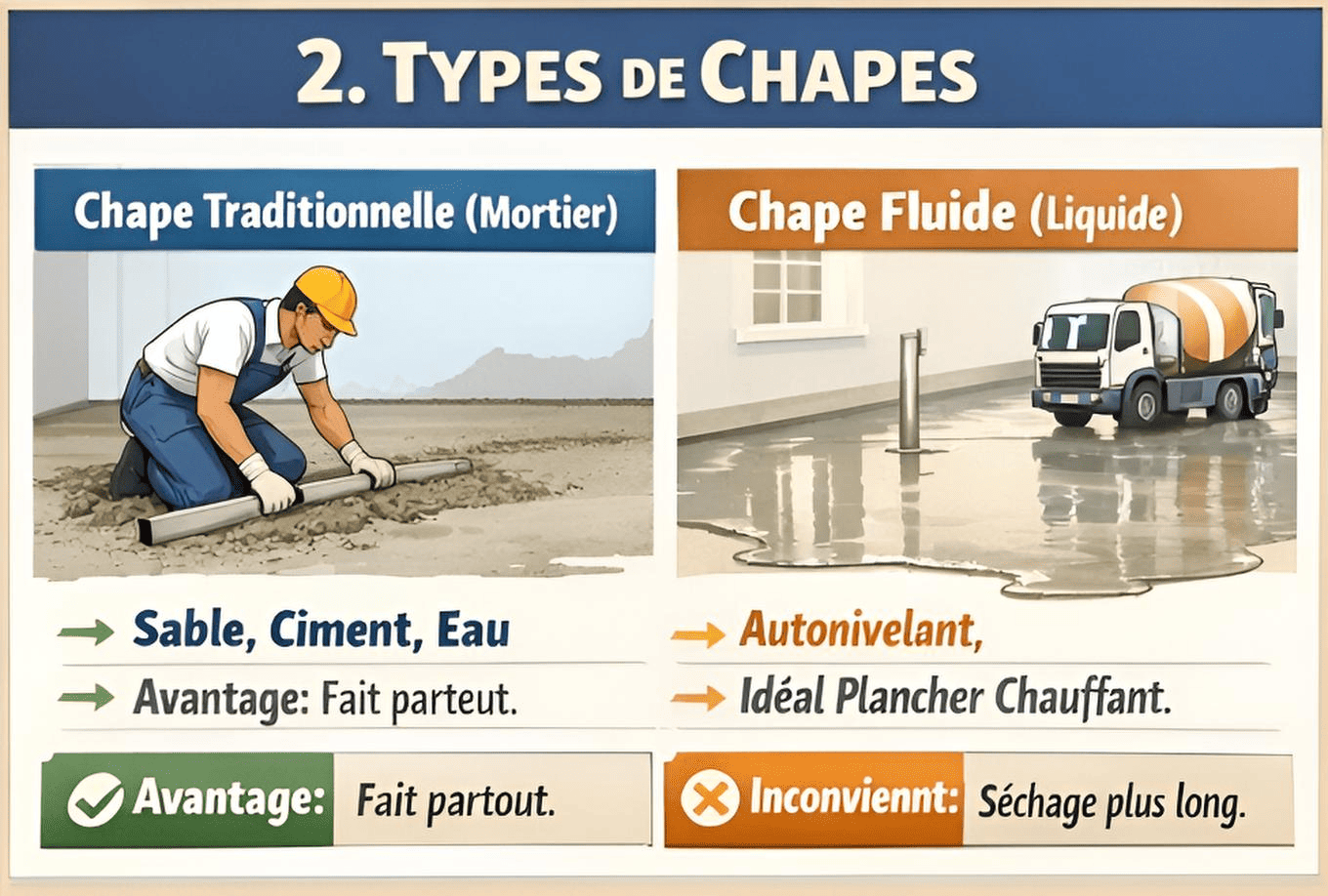 Types de chapes : chape traditionnelle au mortier vs chape fluide autonivelante (idéale plancher chauffant).