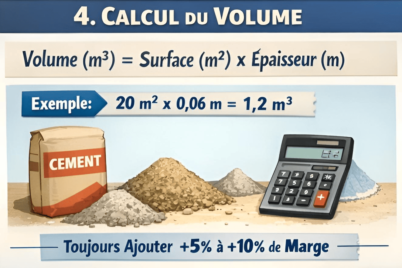 Calcul volume de chape : Volume (m³) = Surface (m²) × Épaisseur (m) + marge 5 à 10%.