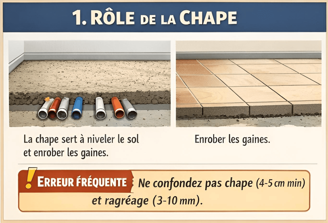Rôle de la chape : niveler le sol et enrober les gaines (attention à ne pas confondre chape et ragréage).