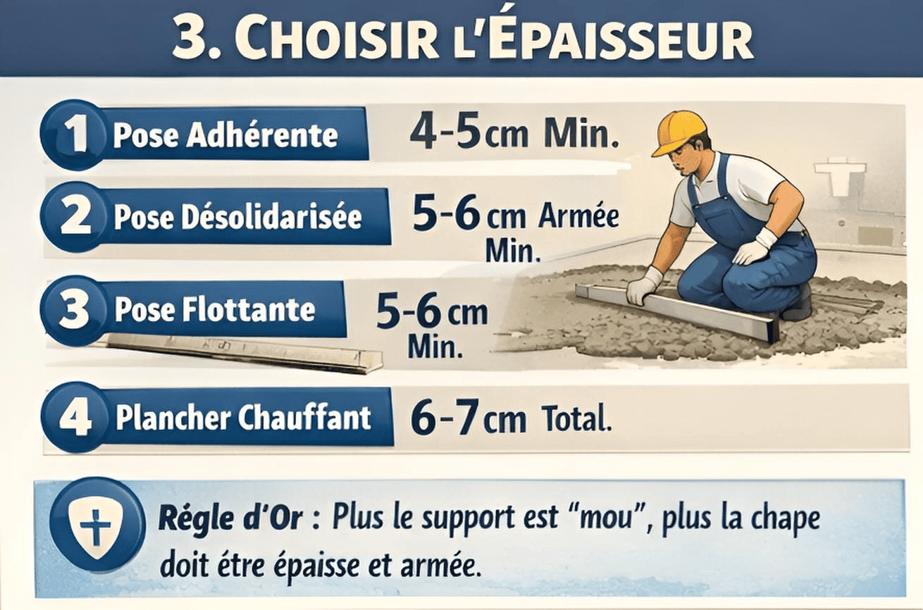 Épaisseur de chape : adhérente 4-5 cm, désolidarisée 5-6 cm armée, flottante 5-6 cm, plancher chauffant 6-7 cm total.