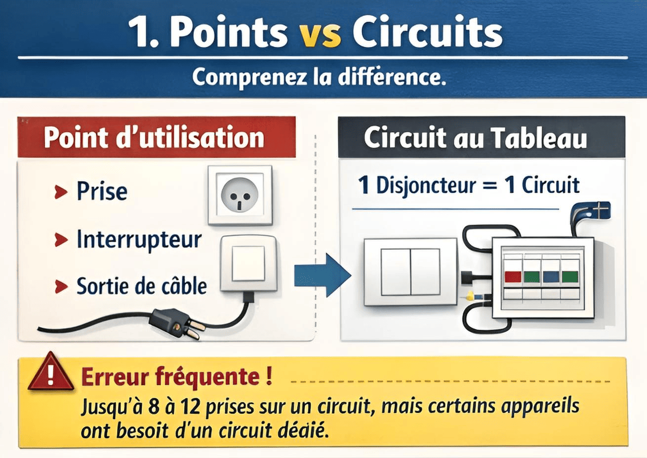 Différence entre point d’utilisation (prise/interrupteur/sortie de câble) et circuit au tableau (1 disjoncteur = 1 circuit).
