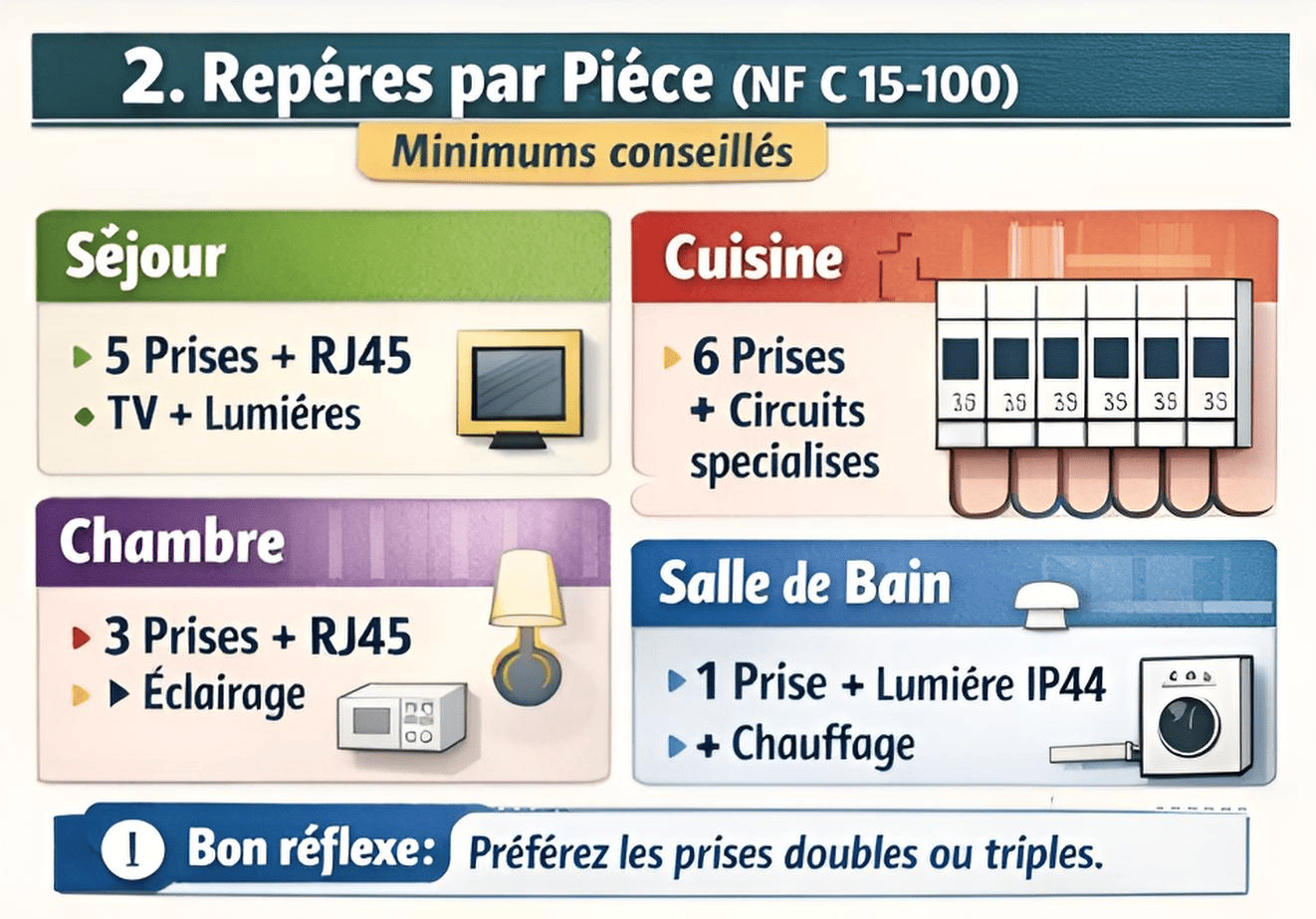 Repères minimums par pièce : séjour, cuisine, chambre, salle de bain (prises + RJ45 + éclairage).