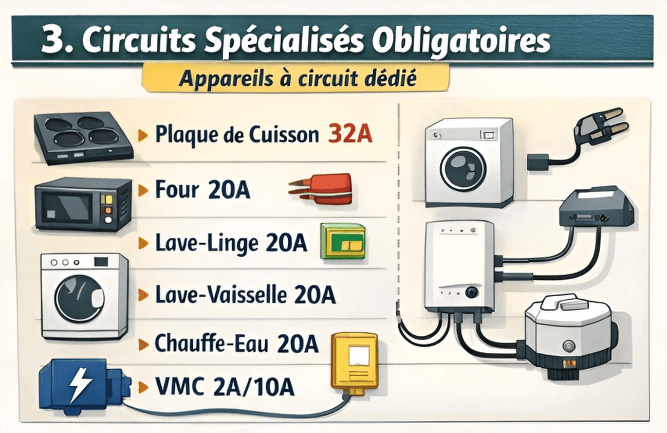 Liste des circuits spécialisés obligatoires (plaque 32A, four 20A, LL 20A, LV 20A, chauffe-eau 20A, VMC…).