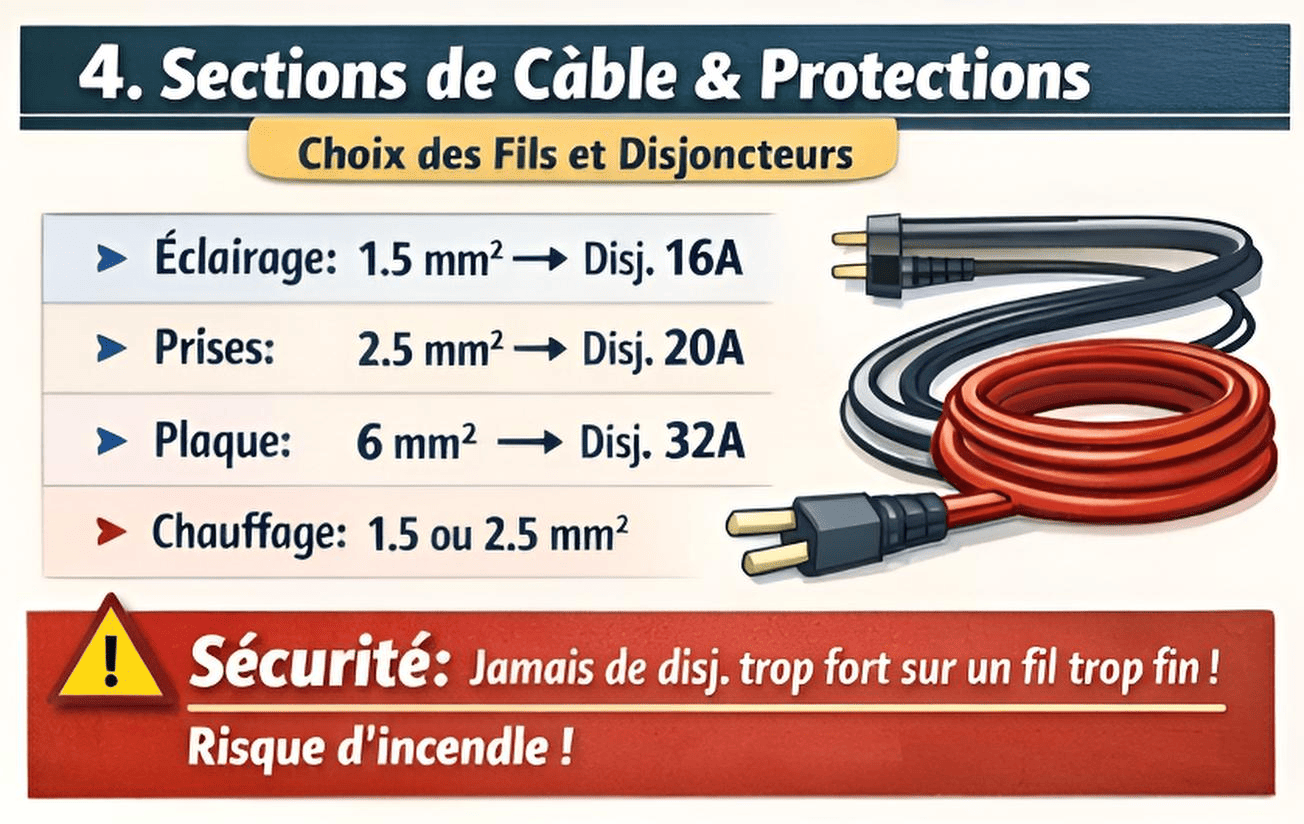 Correspondance sections de câble et disjoncteurs : 1.5mm²/16A, 2.5mm²/20A, 6mm²/32A.