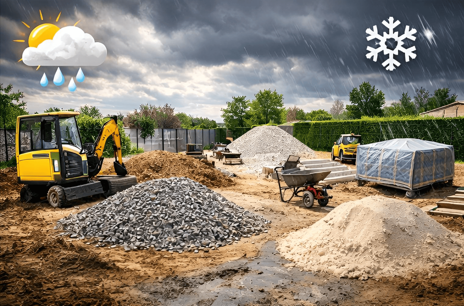 Chantier extérieur : accès, obstacles, météo (pluie, gel), stockage matériaux — illustration