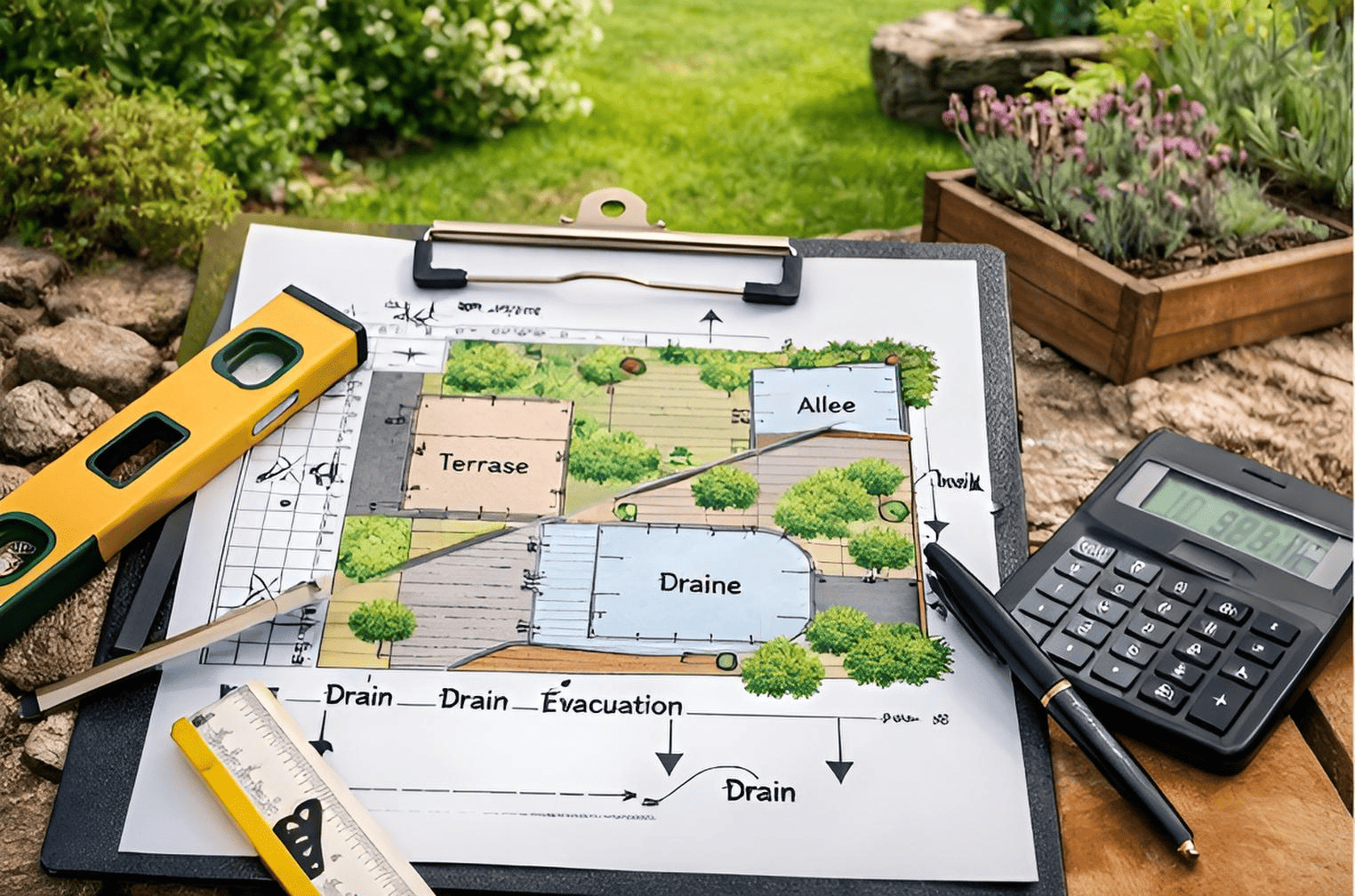 Aménagement extérieur : mesures à prendre avant calcul (surfaces, périmètres, hauteurs, ouvertures) — schéma