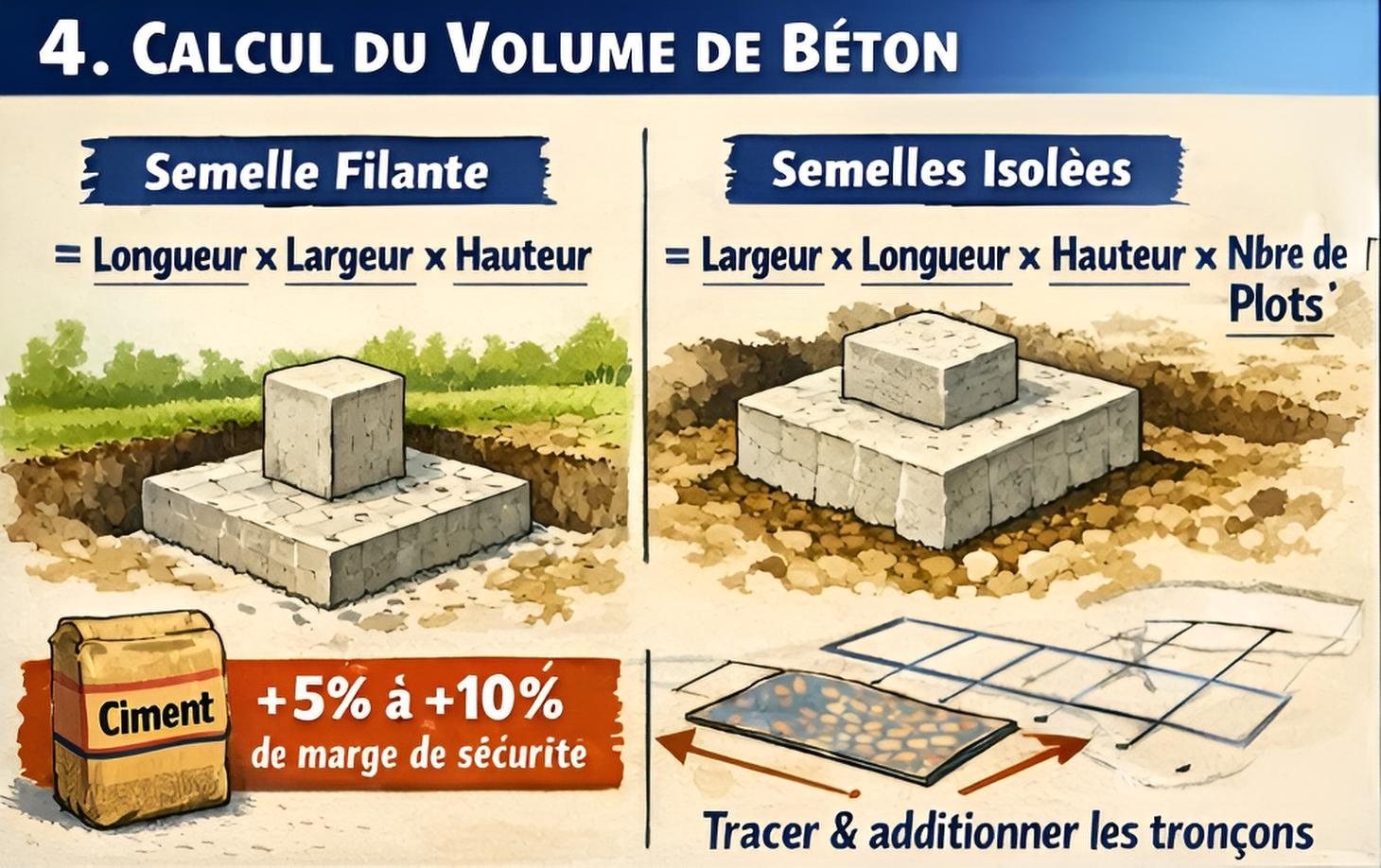 Types de fondations : semelles filantes sous murs porteurs et semelles isolées (plots) sous poteaux ou terrasses