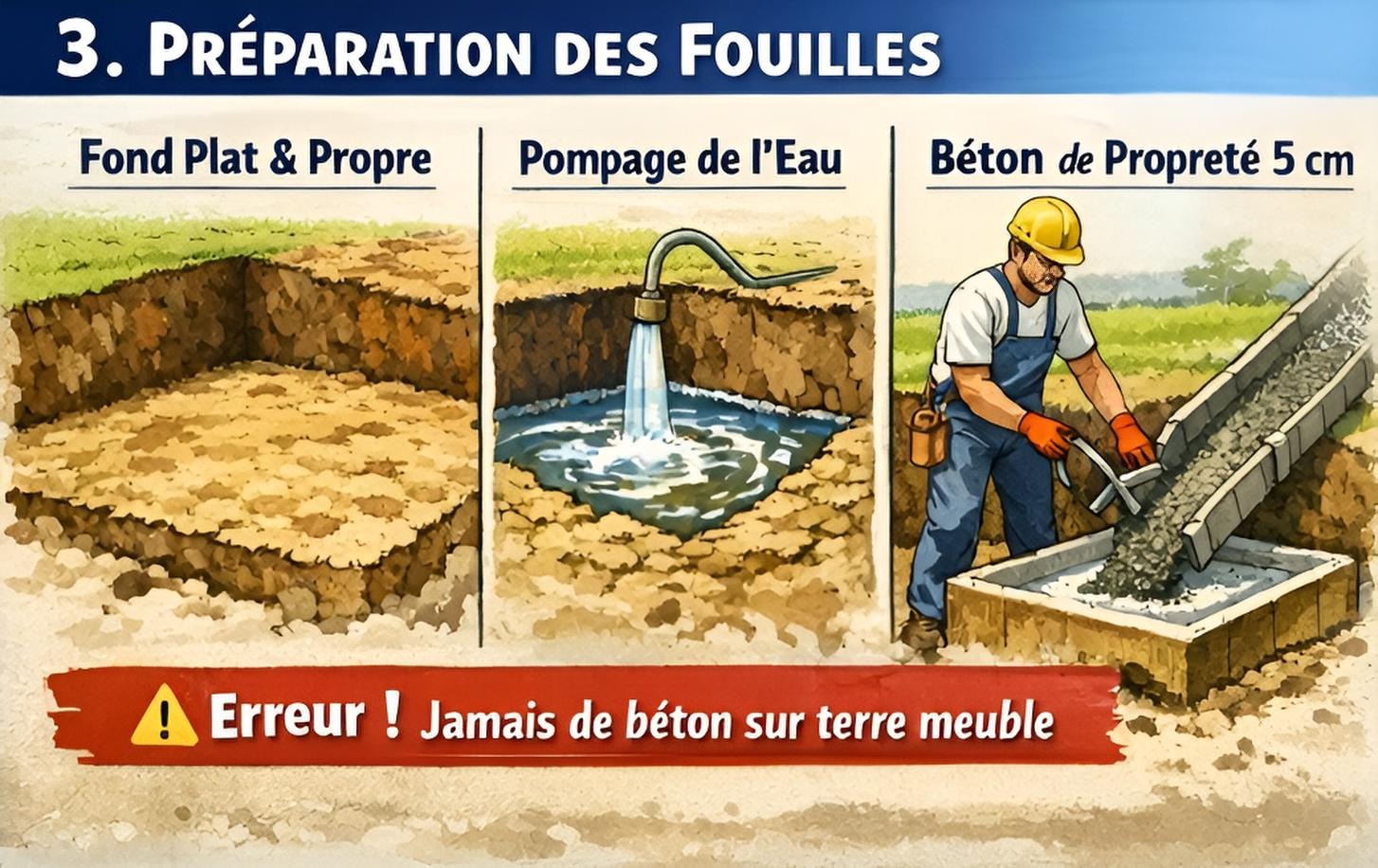 Préparation des fouilles : fond plat et propre, pompage de l’eau, béton de propreté 5 cm, erreur à éviter béton sur terre meuble
