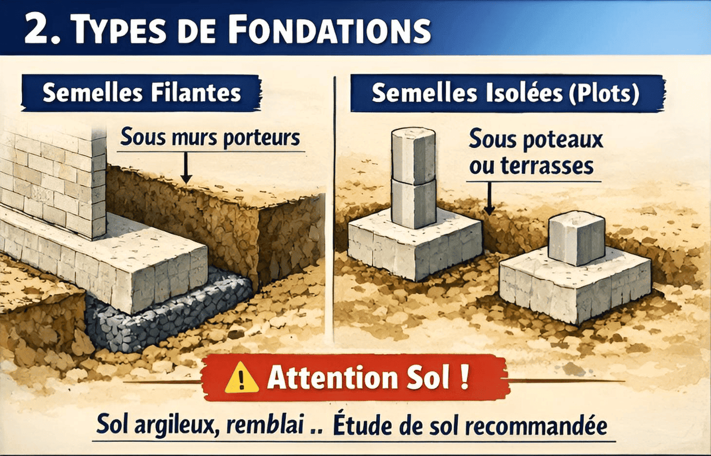 Calcul du volume de béton fondations : semelle filante longueur x largeur x hauteur, semelles isolées x nombre de plots, marge +5% à +10%