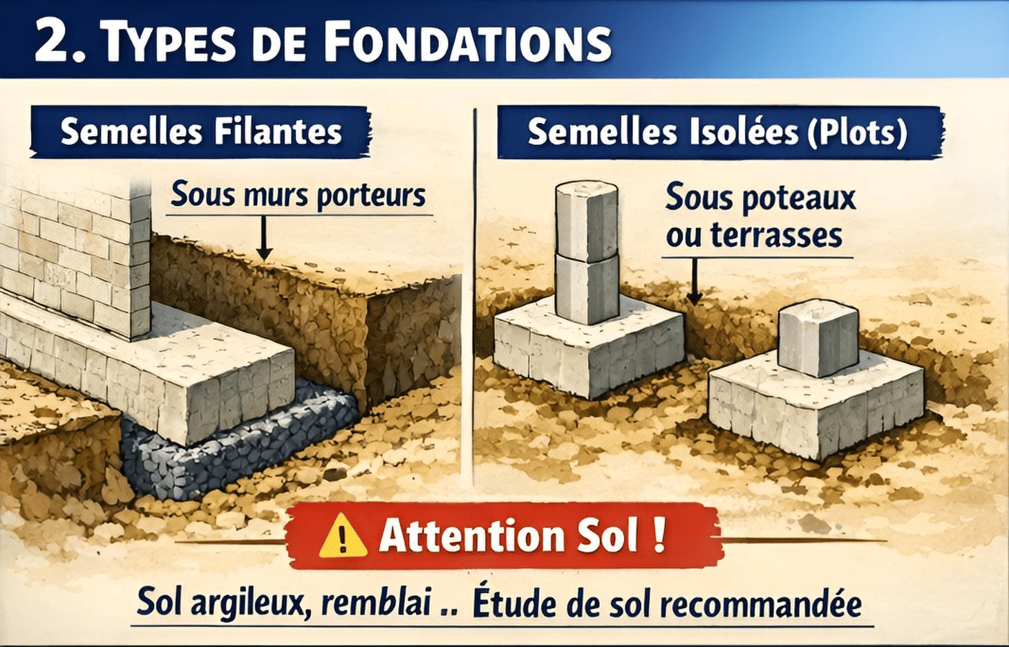 Rappel visuel : types de fondations et alerte sol argileux/remblai, étude de sol recommandée