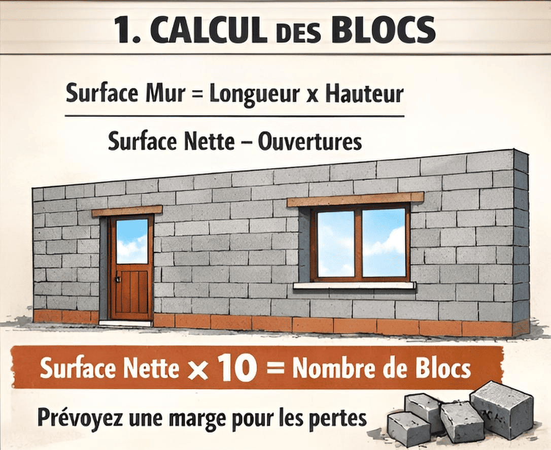 Calcul des blocs : surface mur = longueur x hauteur, surface nette = ouvertures déduites, surface nette x 10 = nombre de blocs