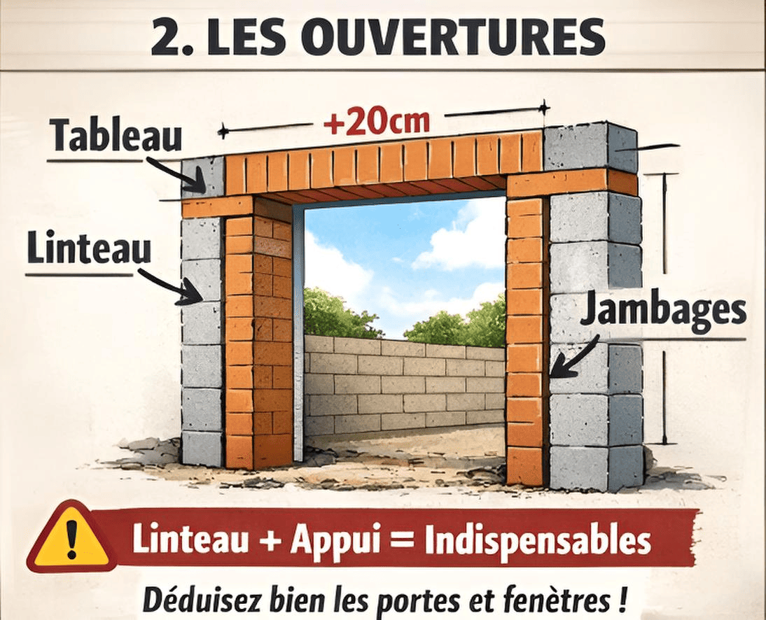 Ouverture maçonnerie : tableau, linteau, jambages. Linteau avec appuis minimum de 20 cm de chaque côté