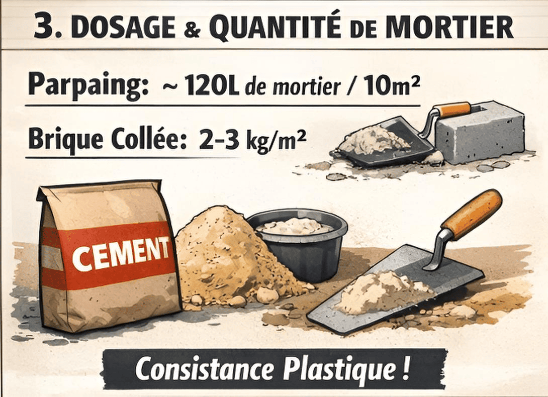 Dosage et quantité de mortier : parpaing environ 120 L pour 10 m² ; brique collée 2 à 3 kg/m² ; consistance plastique
