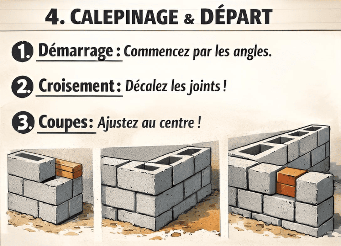 Calepinage et départ : commencer par les angles, croiser les joints, ajuster les coupes au centre