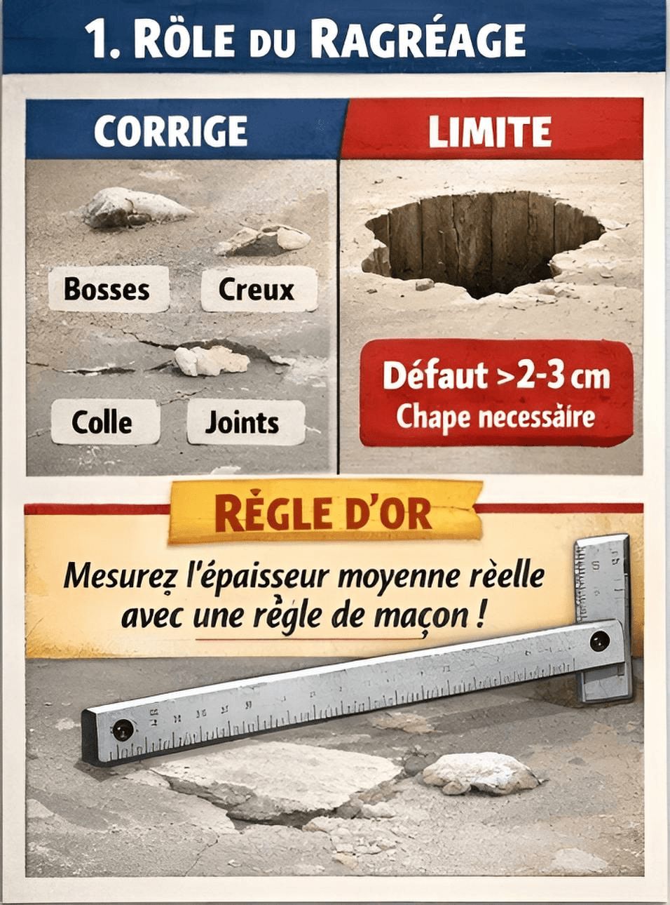Rôle du ragréage : corrige bosses/creux/colle/joints, limites si défaut > 2-3 cm
