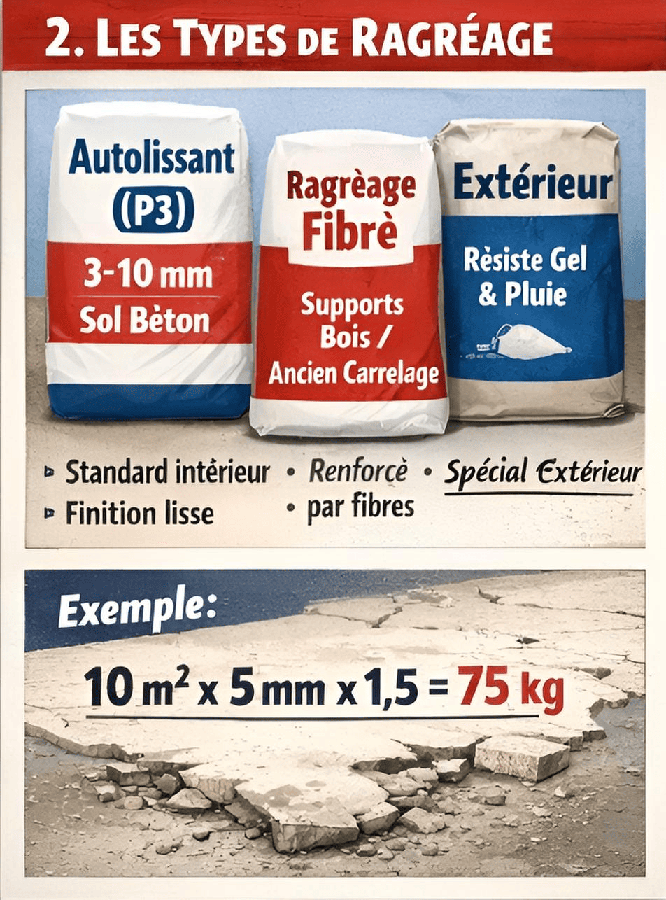 Types de ragréage : autolissant P3, fibré rénovation, extérieur gel/pluie