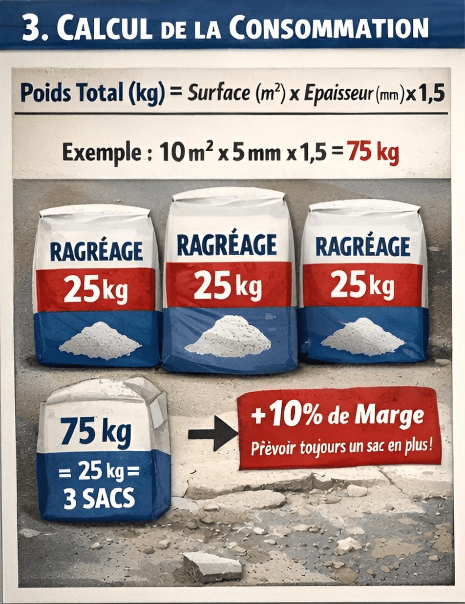 Calcul consommation ragréage : Poids total = surface x épaisseur(mm) x 1,5 + marge 10%