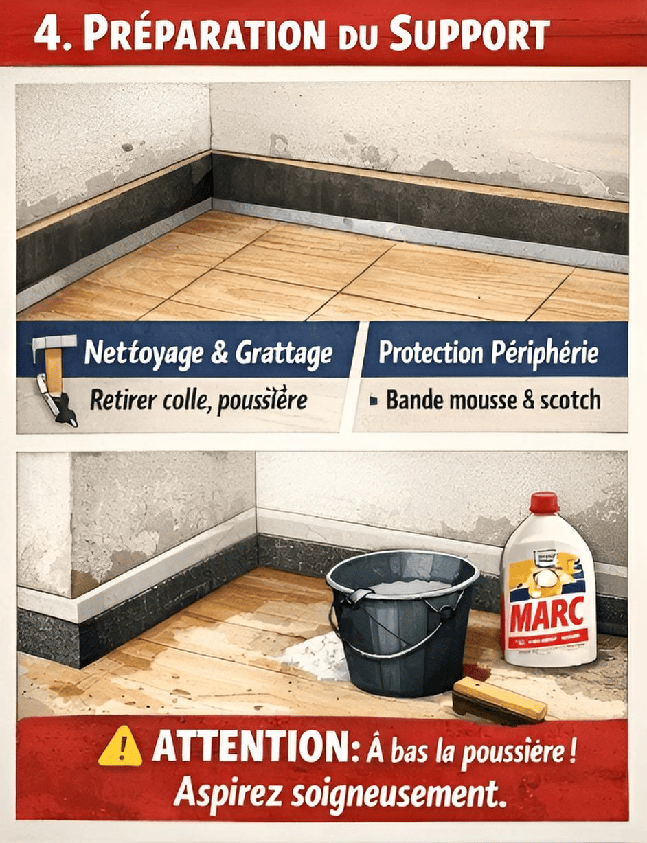 Préparation support : grattage/nettoyage + protection périphérie + aspiration poussière