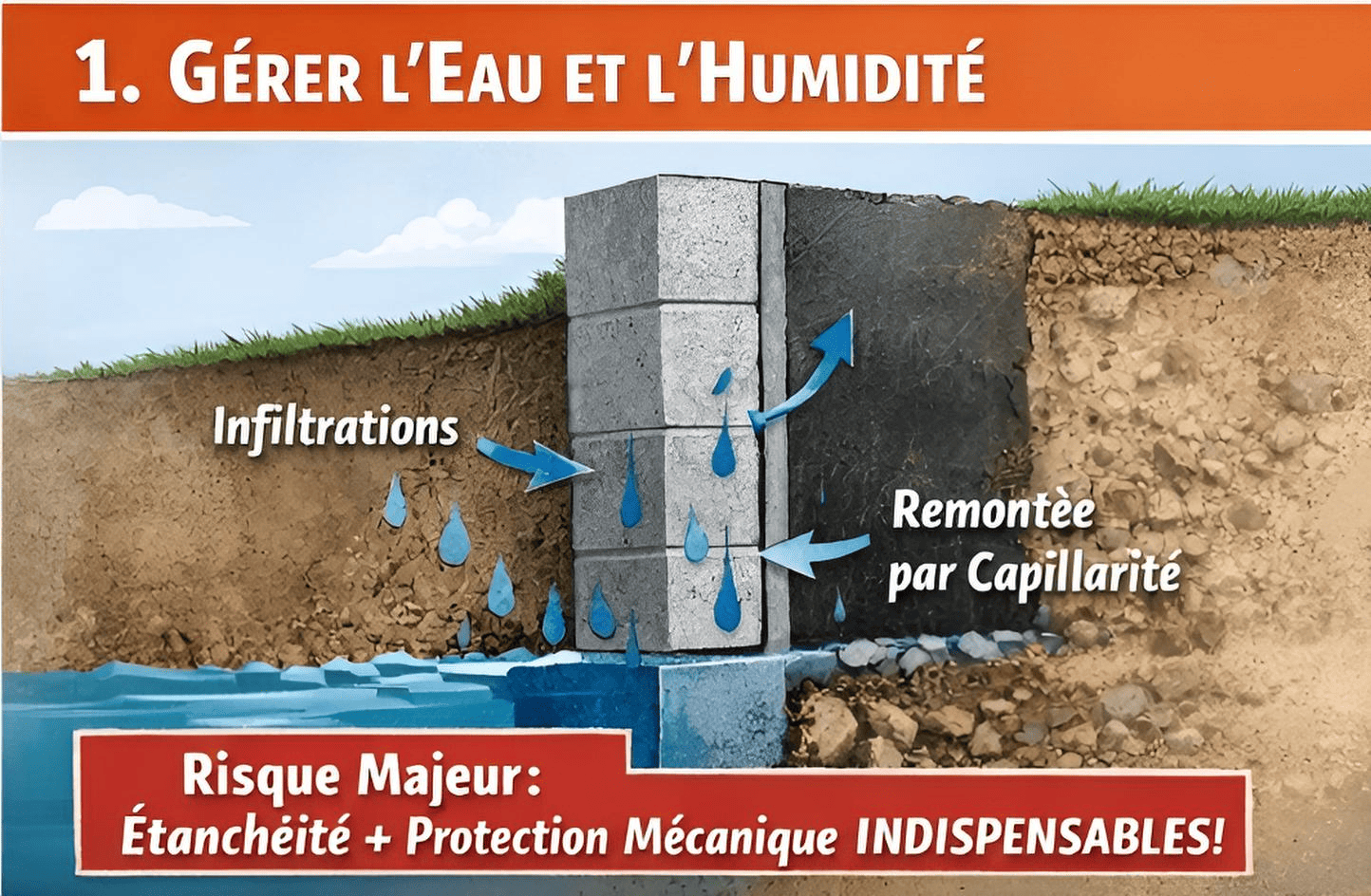 Gestion de l'eau et de l'humidité : infiltrations latérales et remontées capillaires sur un mur enterré, risque majeur sans étanchéité et protection