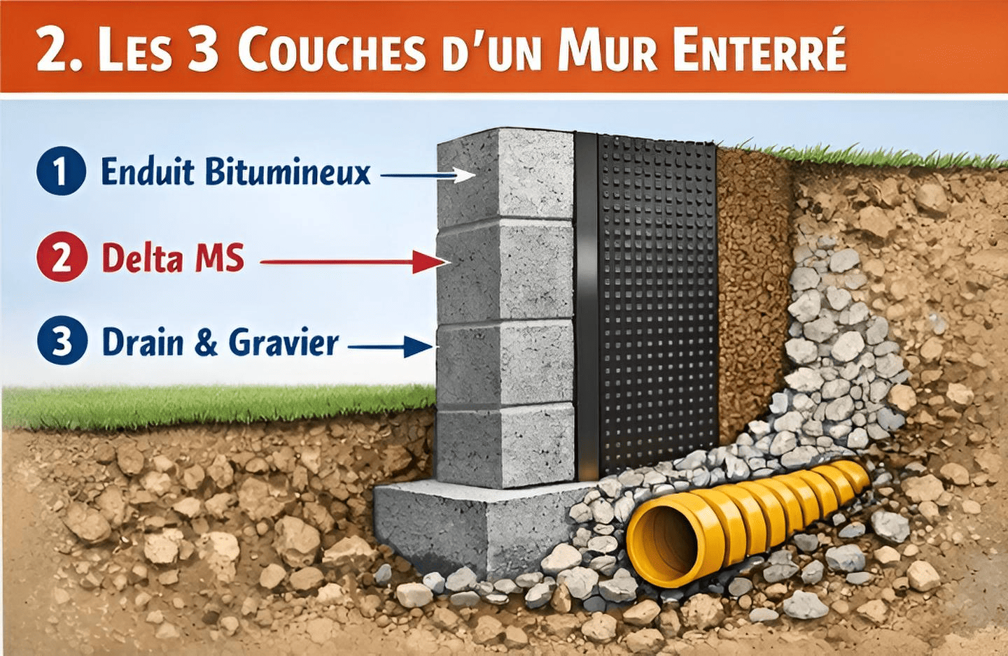 Les 3 couches d'un mur enterré : enduit bitumineux (imperméabilisation), Delta MS (protection mécanique), drain et gravier (évacuation de l'eau)