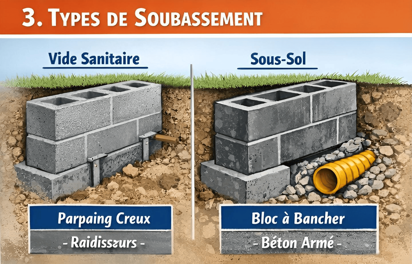 Types de soubassement : vide sanitaire en parpaing creux avec raidisseurs et sous-sol en bloc à bancher béton armé, drainage au pied